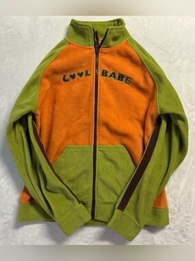 Y2K TIMBUKTOO women's orange green brown "cool babe" fleece full zip sweater, M.
